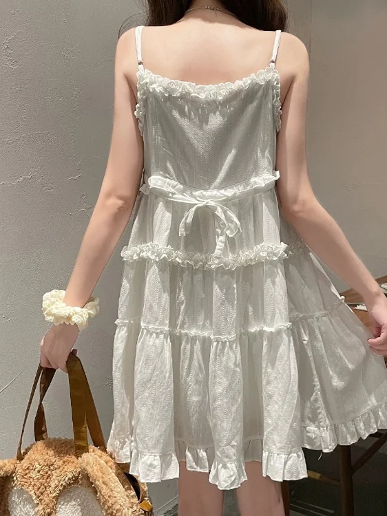 Summer Beach Tie Waist Sweet A-Line Strap Dr Women's Summer Vest Dr White Dr Cotton Gauze High Waist Button Detail