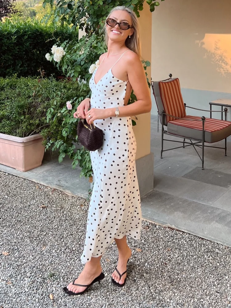 Vrouwen Polka Dot Midi Slipdress V-hals Afslanken Taille Cinching Jarretel Lange Jurken Elegante Backless Vakantie Vrouwelijke Gewaden