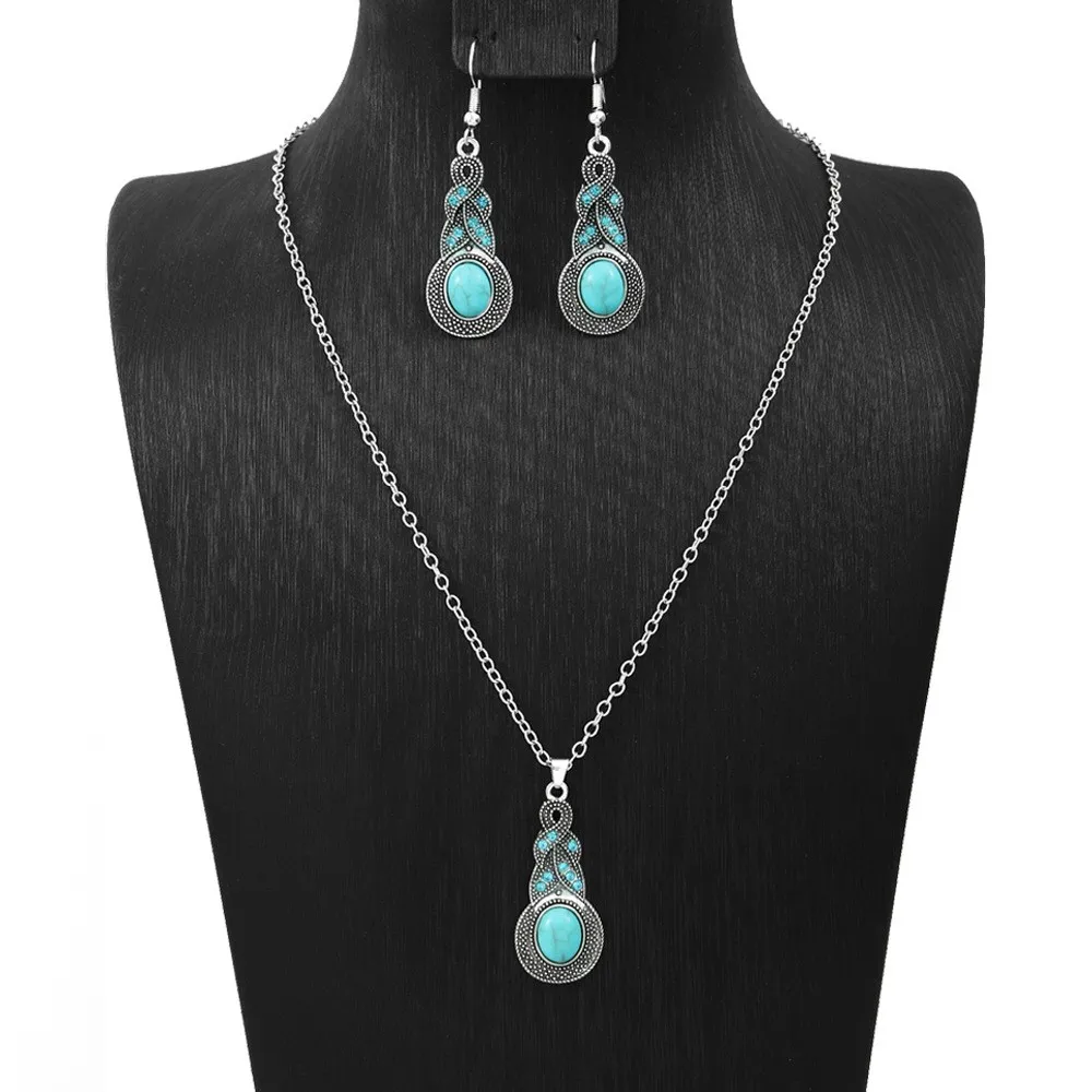 Cross-border Amazon Hot-Selling Ethnic Style Earrings, European and American Turquoise Retro Chinese Style Earrings & Necklace J