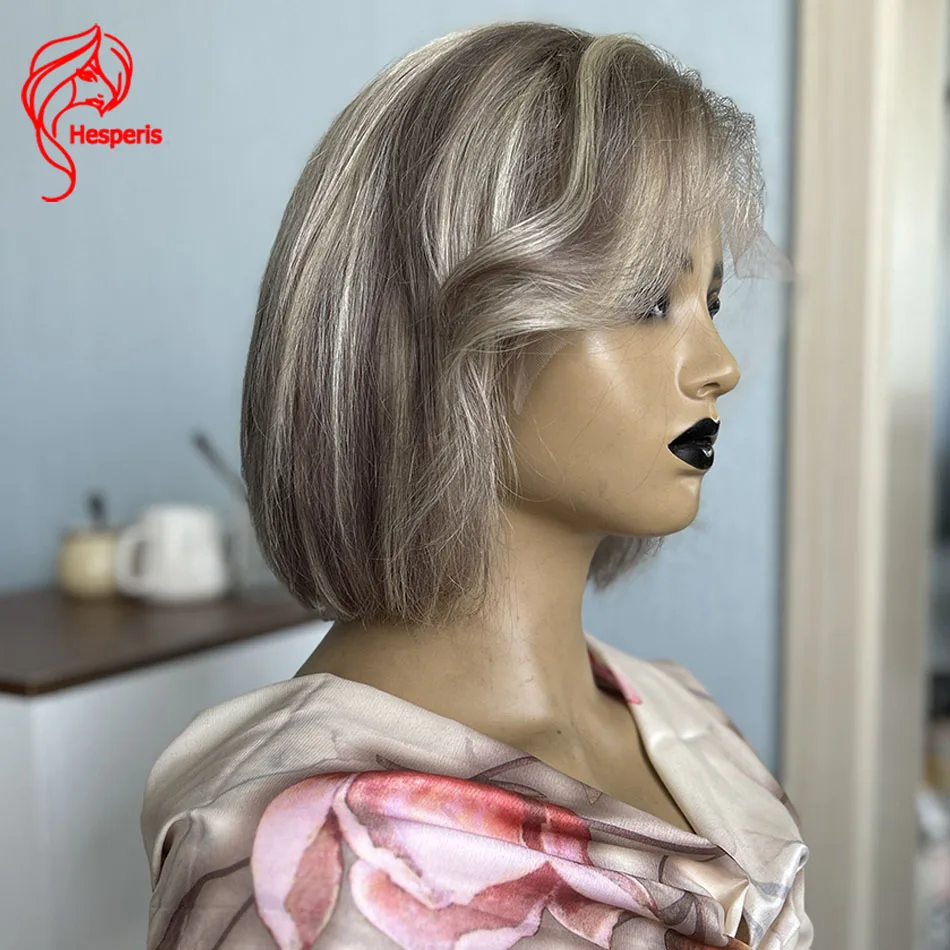 Hesperis Grey Highlight Human Hair Wigs Pre Plucked Short Bob Cut Lace Front Wig Highlights Glueless Wig With Side Bangs