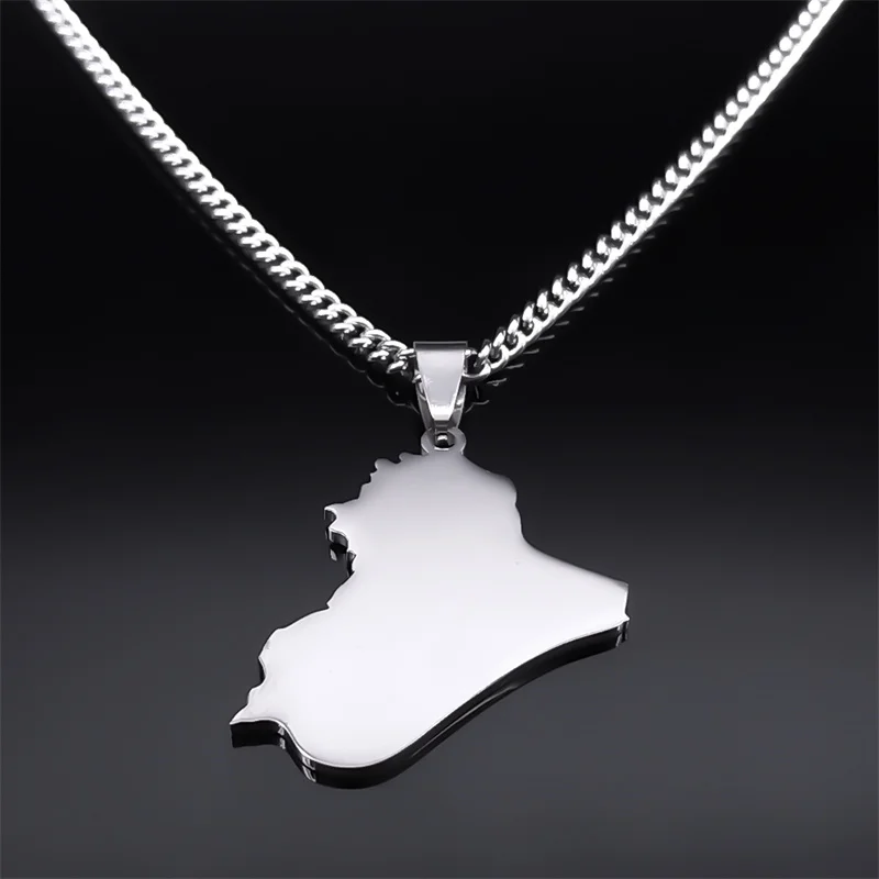 Iraq Republic Map Country Flag Pendant Necklace Women Men Stainless Steel Silver Color National Day Jewelry Accessories NXXXXS05