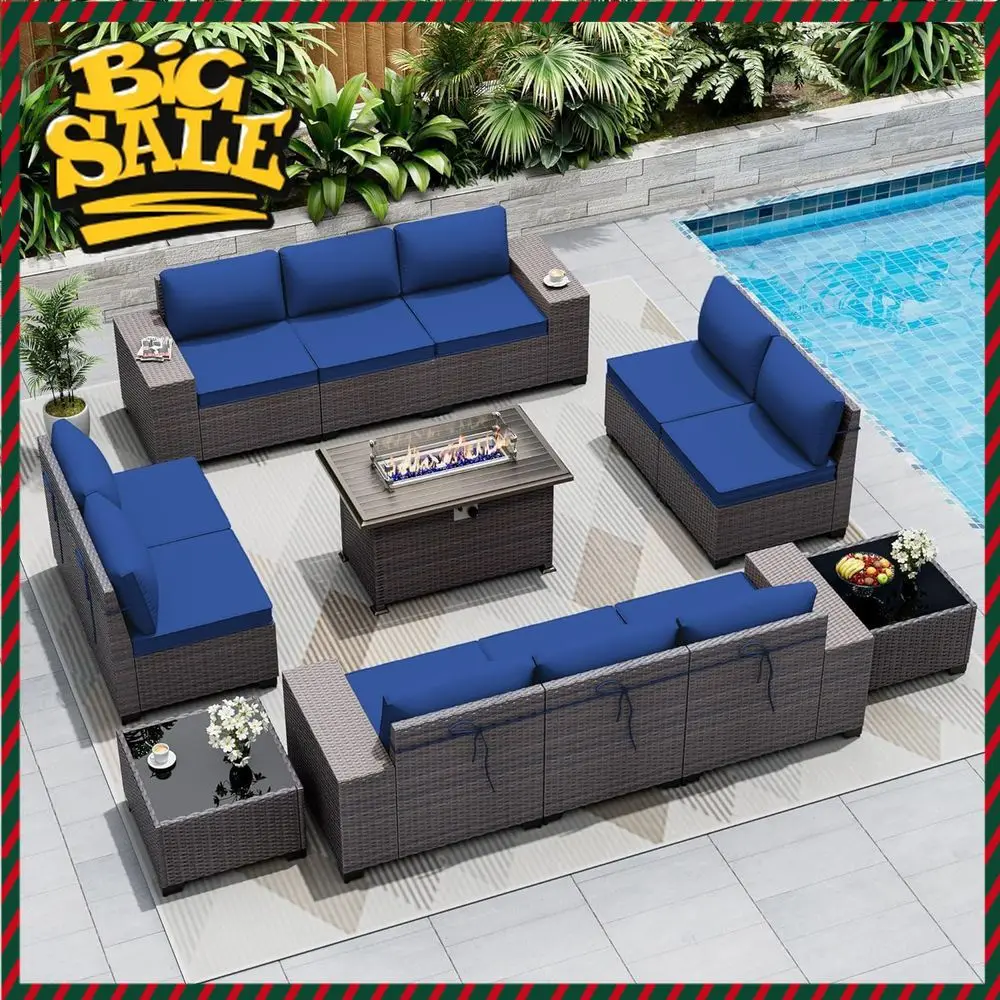 

BestsellerBestseller13-Piece Outdoor Sectional Patio Furniture Set with 43in Propane Fire Pit Table in Blue PE Wicker