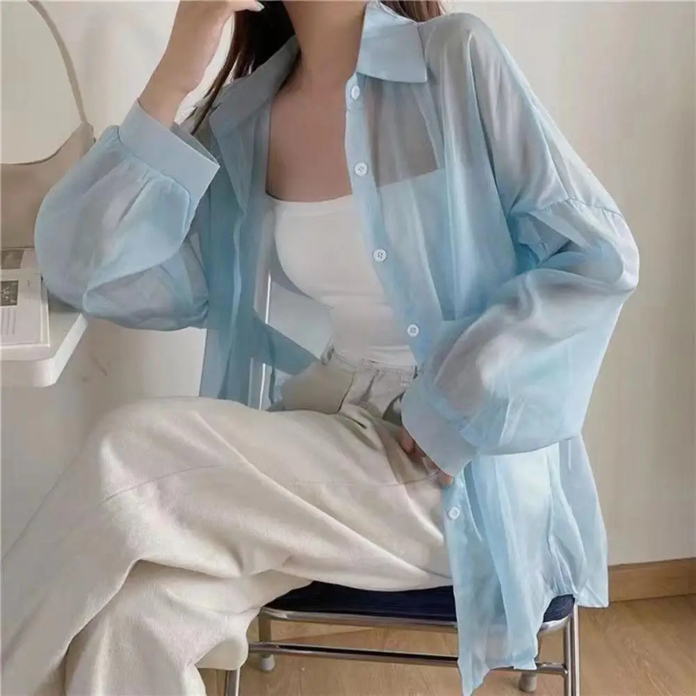 

Transparent Sunscreen Shirt Women Lapel Long Sleeve Shirt Single Breasted Summer Ultrathin Chiffon Shawl Coat Solid Color