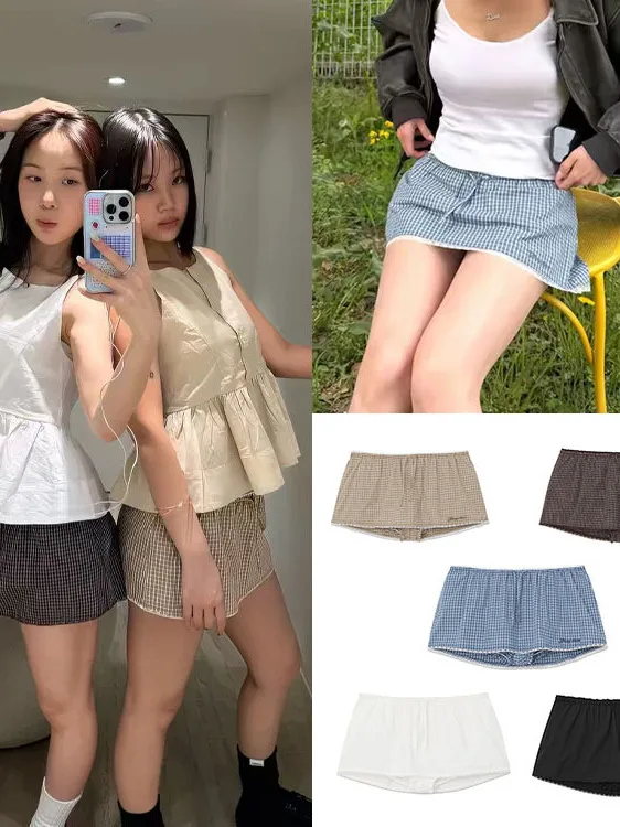 High Waist Plaid  Skirt Women's Elastic Drawstring Lace Trim Pants Small Size Anti-Light Cotton Embroidery Spring Summer