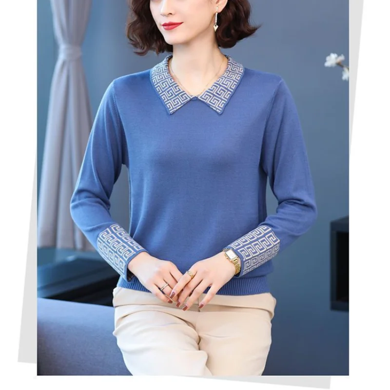 2023 Autumn and Winter New Fashion Women\'s Top Korean Version Commuter Versatile Printed Doll Neck Long Sleeve Solid Color Shirt