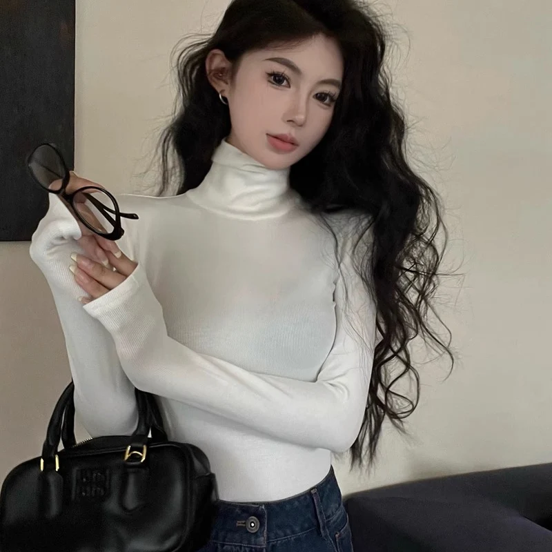 Tops clásicos básicos de cuello alto para mujer, ropa térmica cómoda de manga larga para mujer, Jersey elástico versátil Retro para invierno