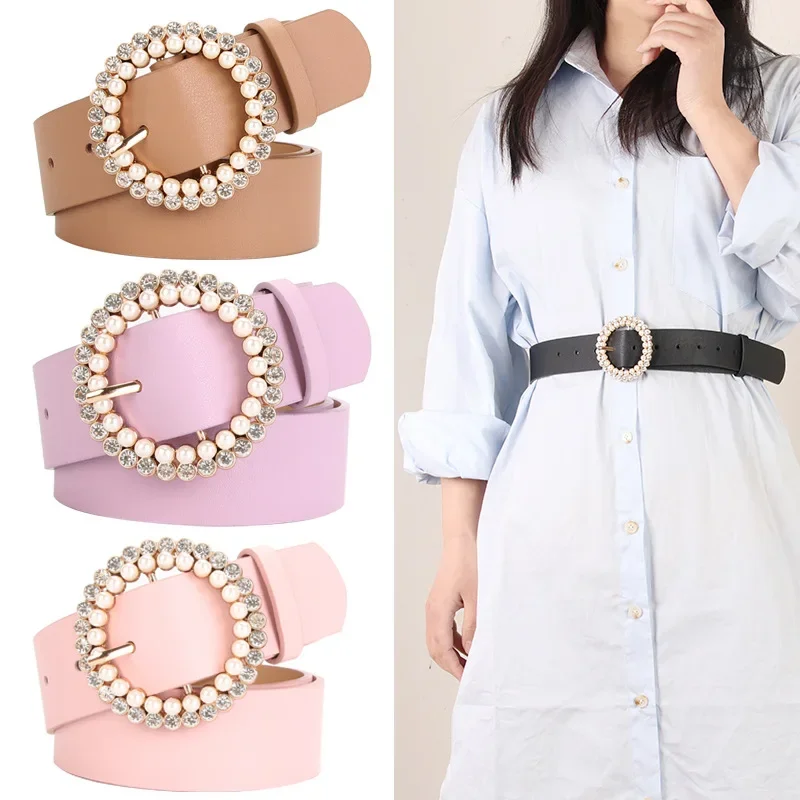 Elegant and Fashionable Women's PU Belt Pearl Alloy Buckle Intellectual Atmosphere Multiple Choice of Decorative Dress Belt