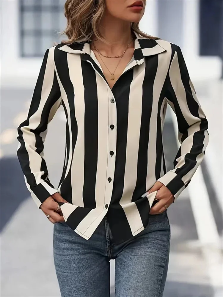 Women Spring Autumn Style Blouses Shirts Lady Casual Long Sleeve Turn-down Collar Striped Printed Blouse Top