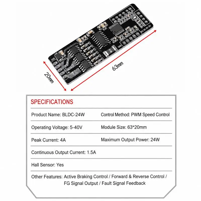 BLDC 24W Motor Speed Controller Board 5-40V 2A Driver Module with Hall Sensor for Fan Speed Regulation Use