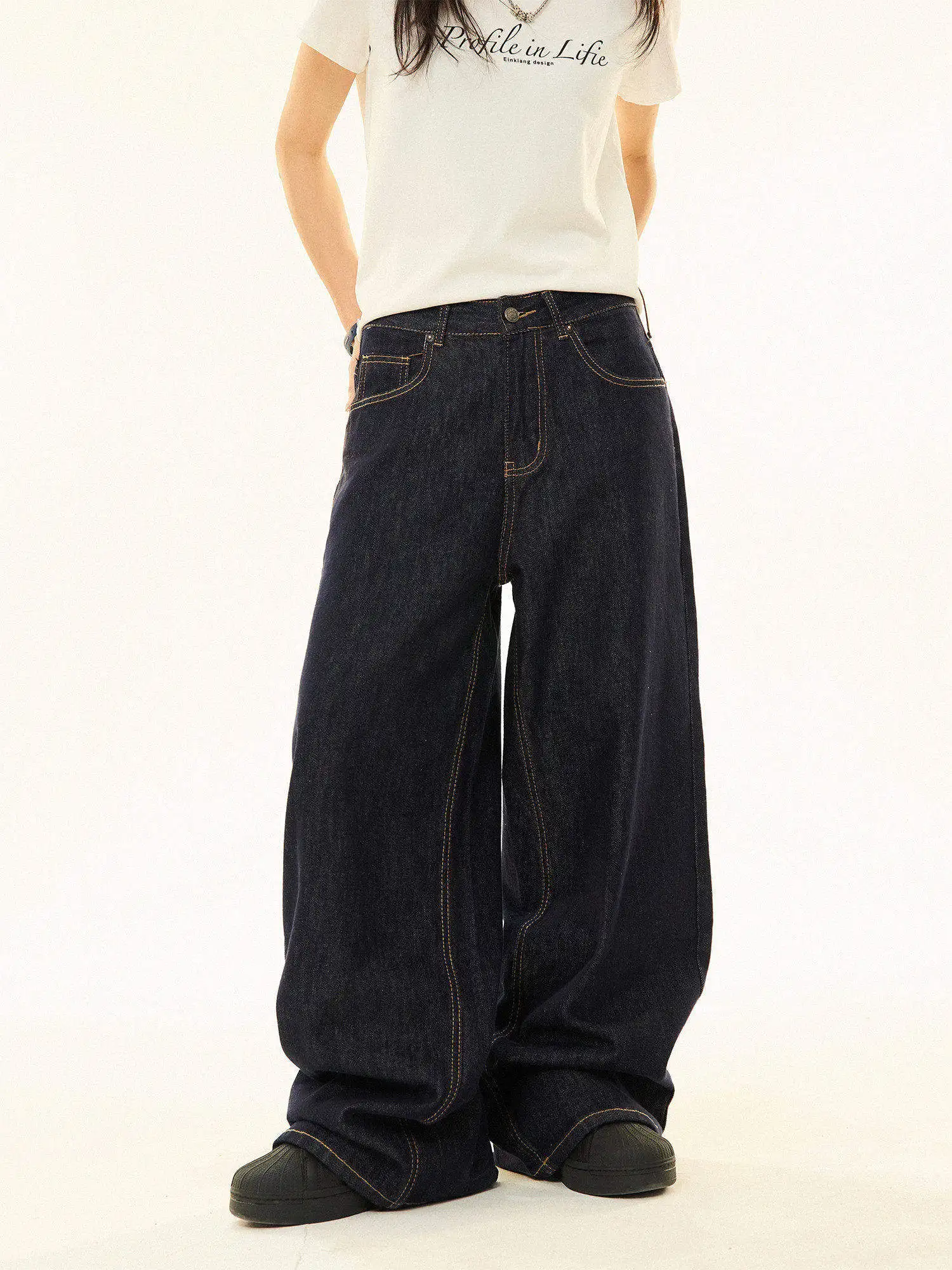 

MAIKAO Американские синие прямые джинсы в стиле ретро с завышенной талией, женские свободные повседневные широкие брюки Cleanfit, длинные джинсы с талией