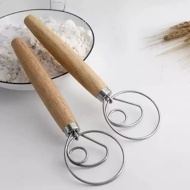 Creative Baking Tools Egg Beater Powder Beater Dough Mixing Stick Oak Handle Mixer Quick Egg Beater Double Ring