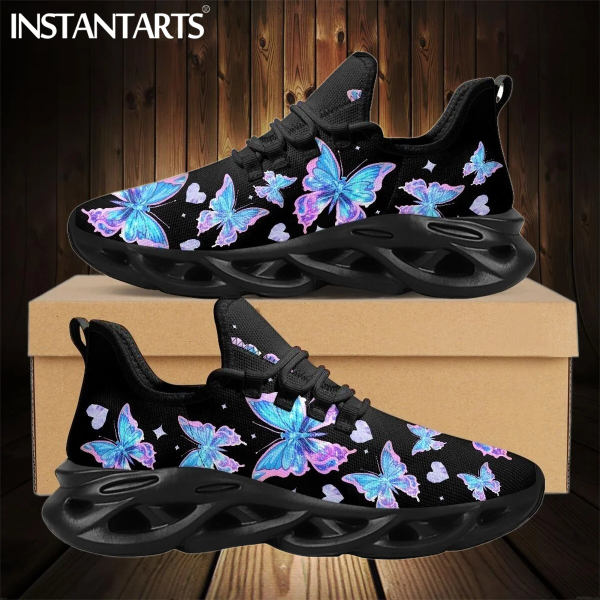 INSTANTARTS Vintage Shinning Butterflies Gradient Print Mesh Shoes for Women Lightweight Round Toe Platform Sneakers Size 35-46