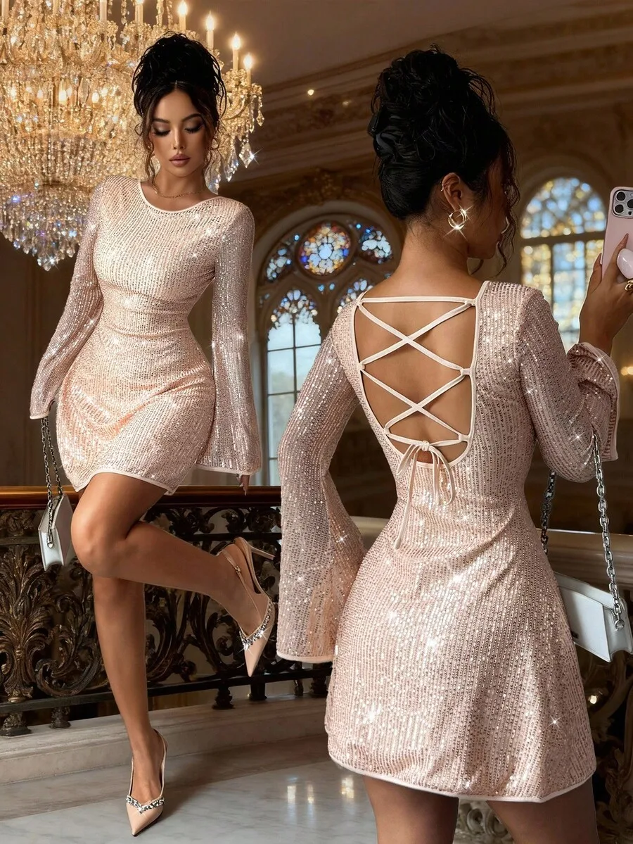 

Apricot Sequin Mini Dress with Criss-Cross Back Tie, Bell Sleeves, Round Neck