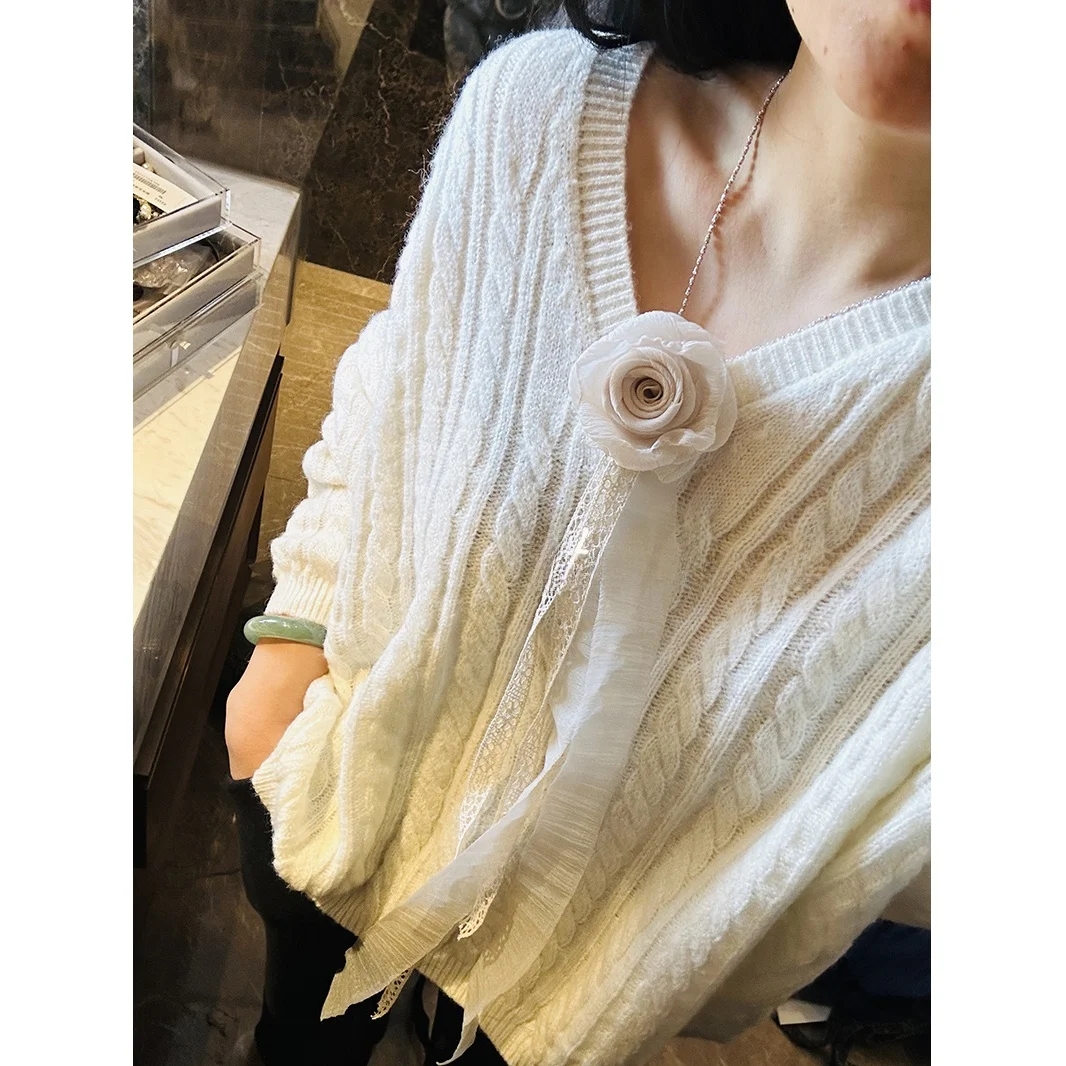 

Женский теплый вязаный свитер Ele White Tea Flower с V-образным вырезом, свободный крой, длинный рукав, шерстяной, модный зимний топ