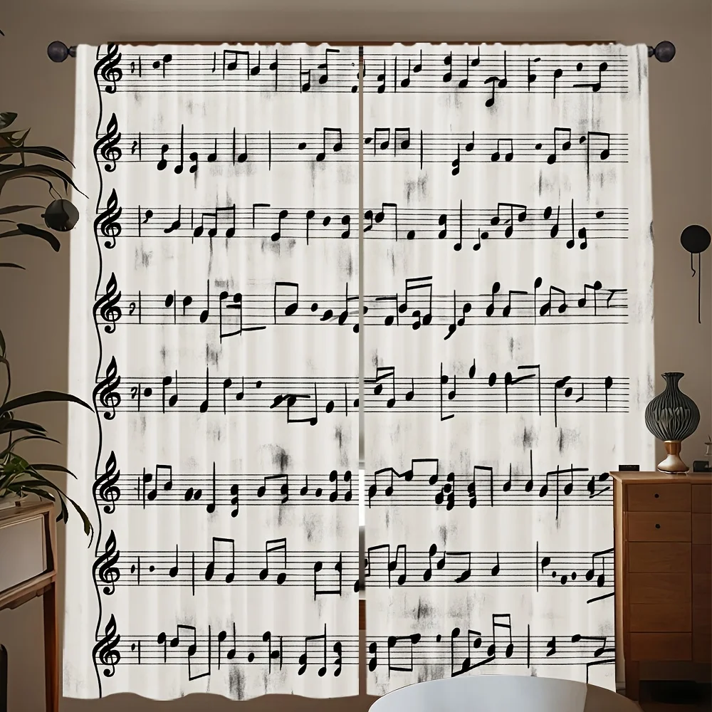 2 Panels Vintage Sheet Music Print Curtains Musical Note Polyester Drapes Light Blocking for Living Room Bedroom Home Decor