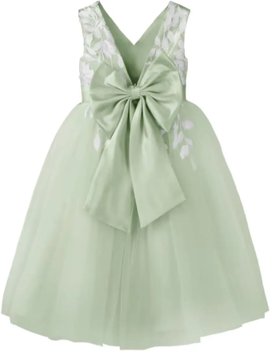 Vestido floral para meninas, casamento, comprimento do chá, renda, apliques, tule, princesa, crianças, aniversário, concurso, festa, com laço