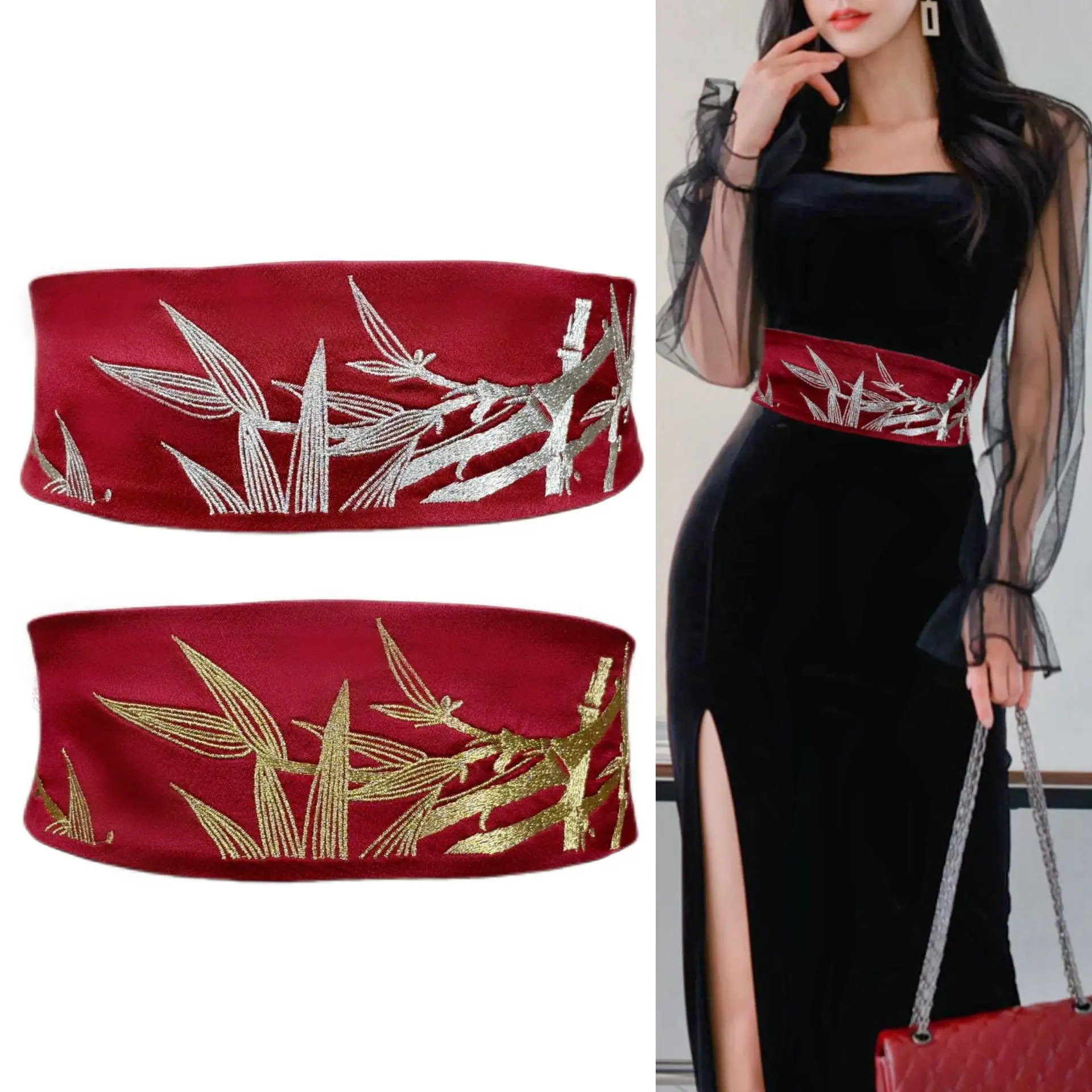 Vintage Trend Golden Thread Bamboo Embroidery Fashion Women's Fabric Tie Decorative Belt, Horse-Face Skirt Waist