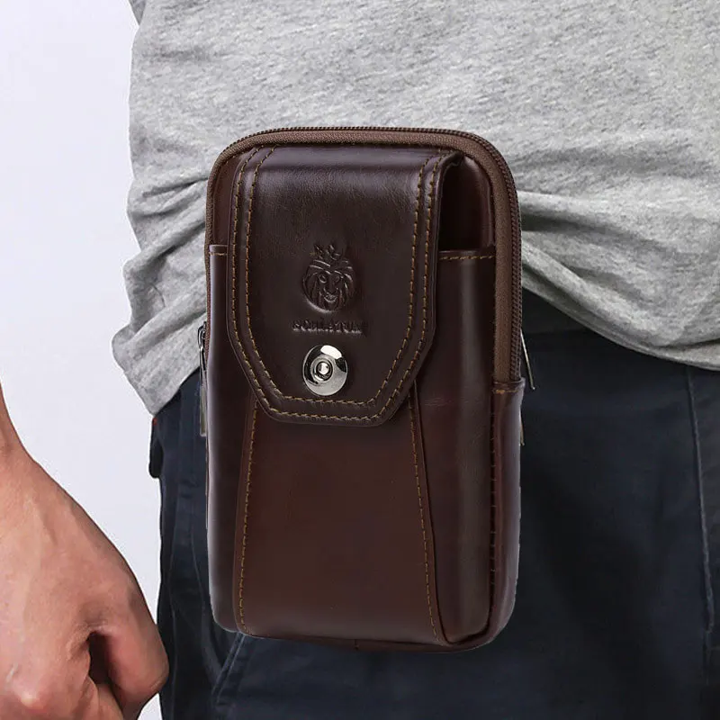 Cinto multifuncional de couro masculino, fivela pendurada casual, bolsa para celular, couro de vaca de camada superior