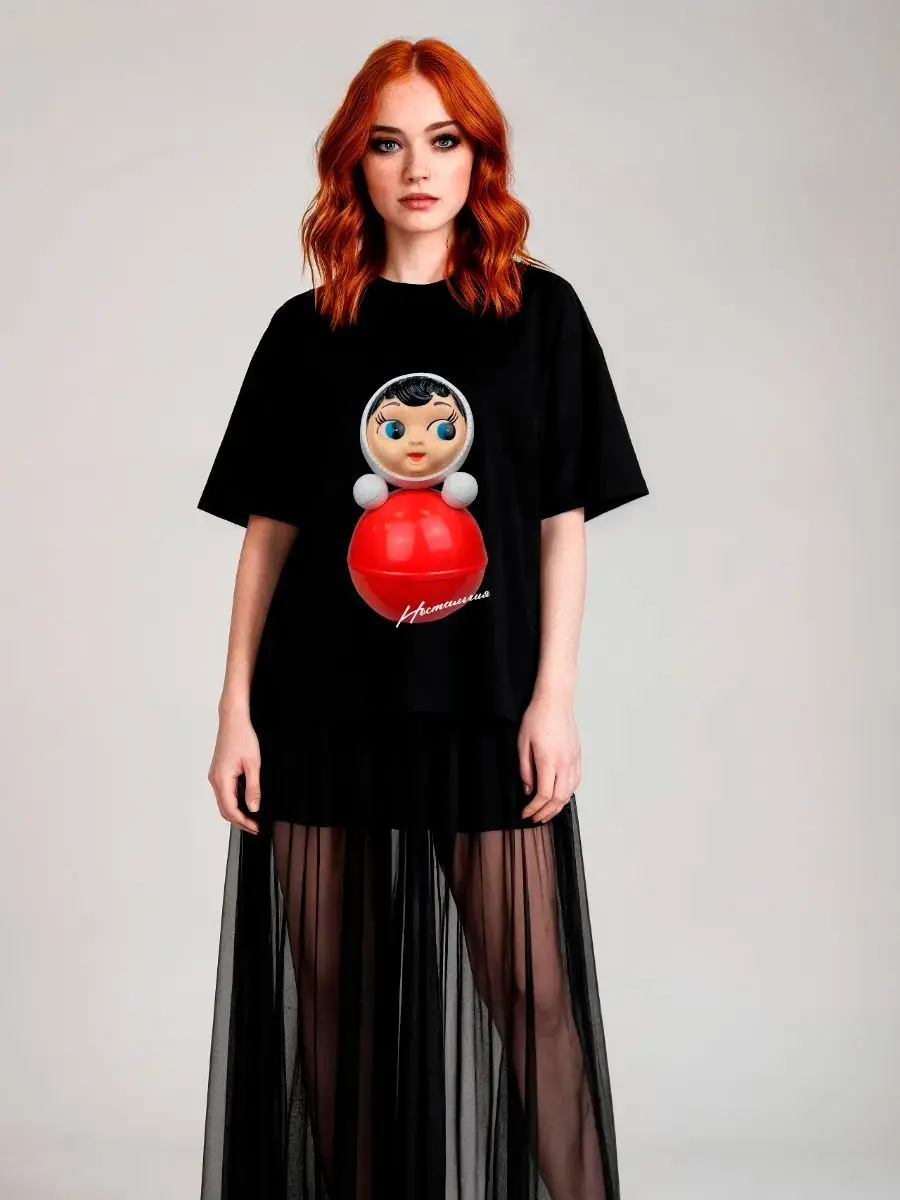 Unique Russian Women Cute Sweet Pure Cotton Oversized Black T-Shirt 3D Doll Decor Graphic Top Streetwear Casual Short Sleeve Tee