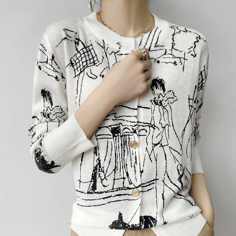 

Western graffiti thin wool knit cardigan women's autumn crewneck sweater coat loose top coat