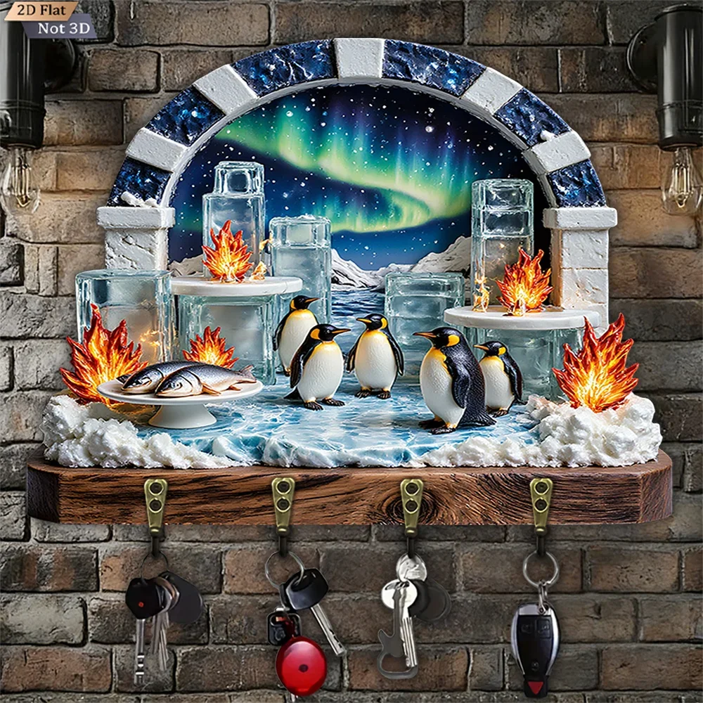 2D Flat, 1pc, Penguin Ice Sea Aurora Key Hook, Wooden Multi-functional Home & House Key Hook, with Four Metal Hooks, Wall