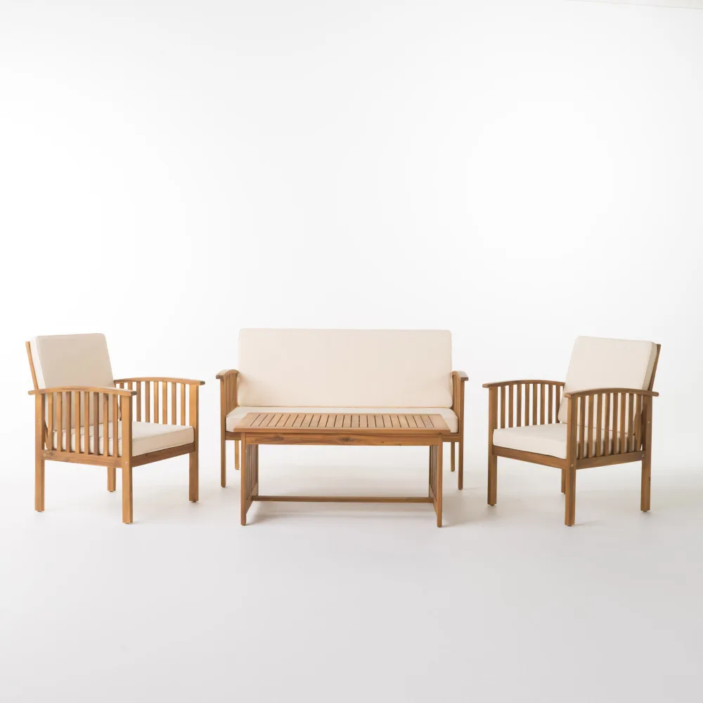 

4-Piece Wooden Outdoor Sofa Set with 2 Single Sofas, Loveseat & Coffee Table for Garden Patio Balcony
