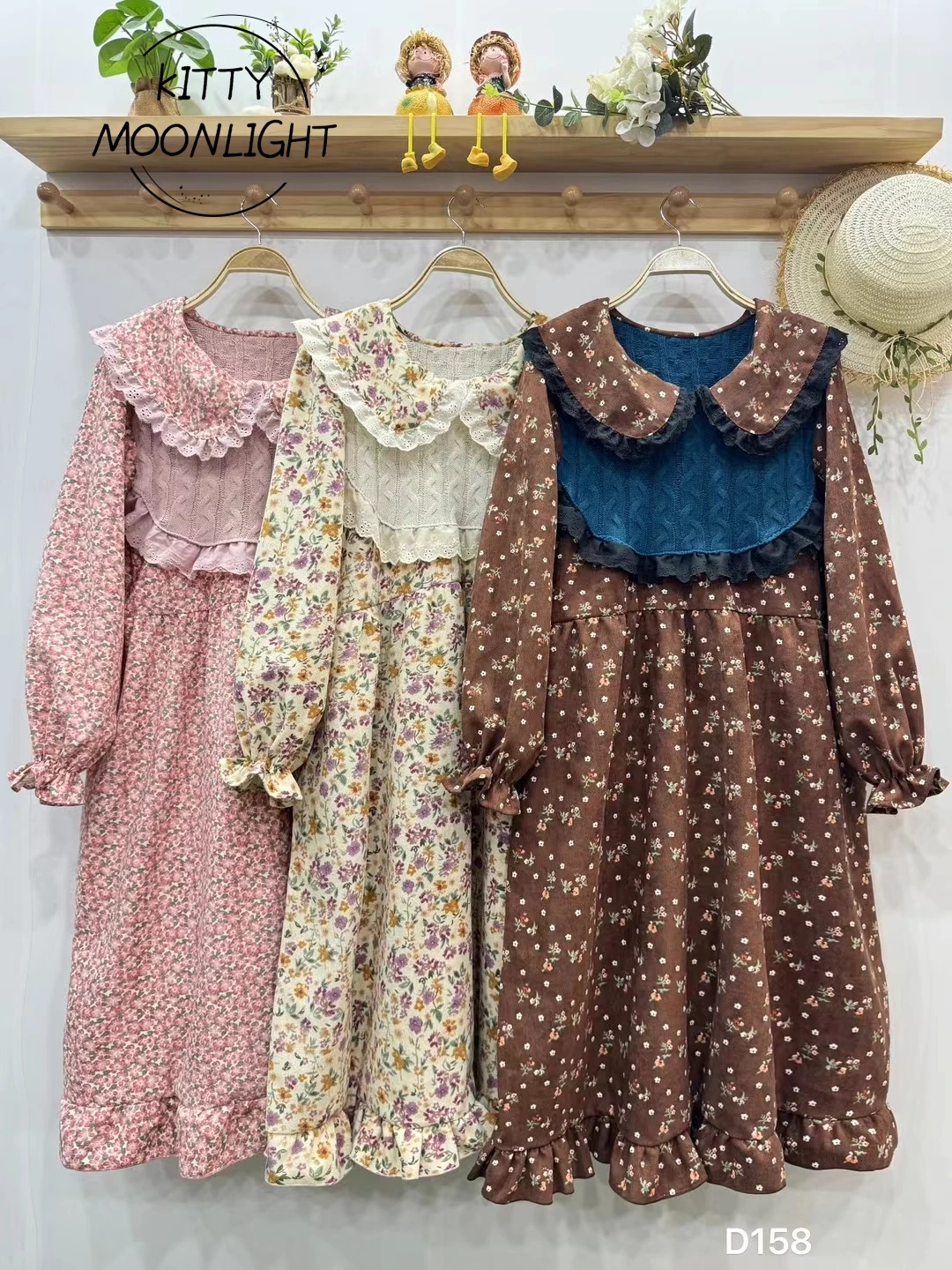 Vintage Floral Printed Corduroy Dress For Women Autumn Japanese Mori Girl Kawaii Lace Doll Collar Casual Loose Long Dresses