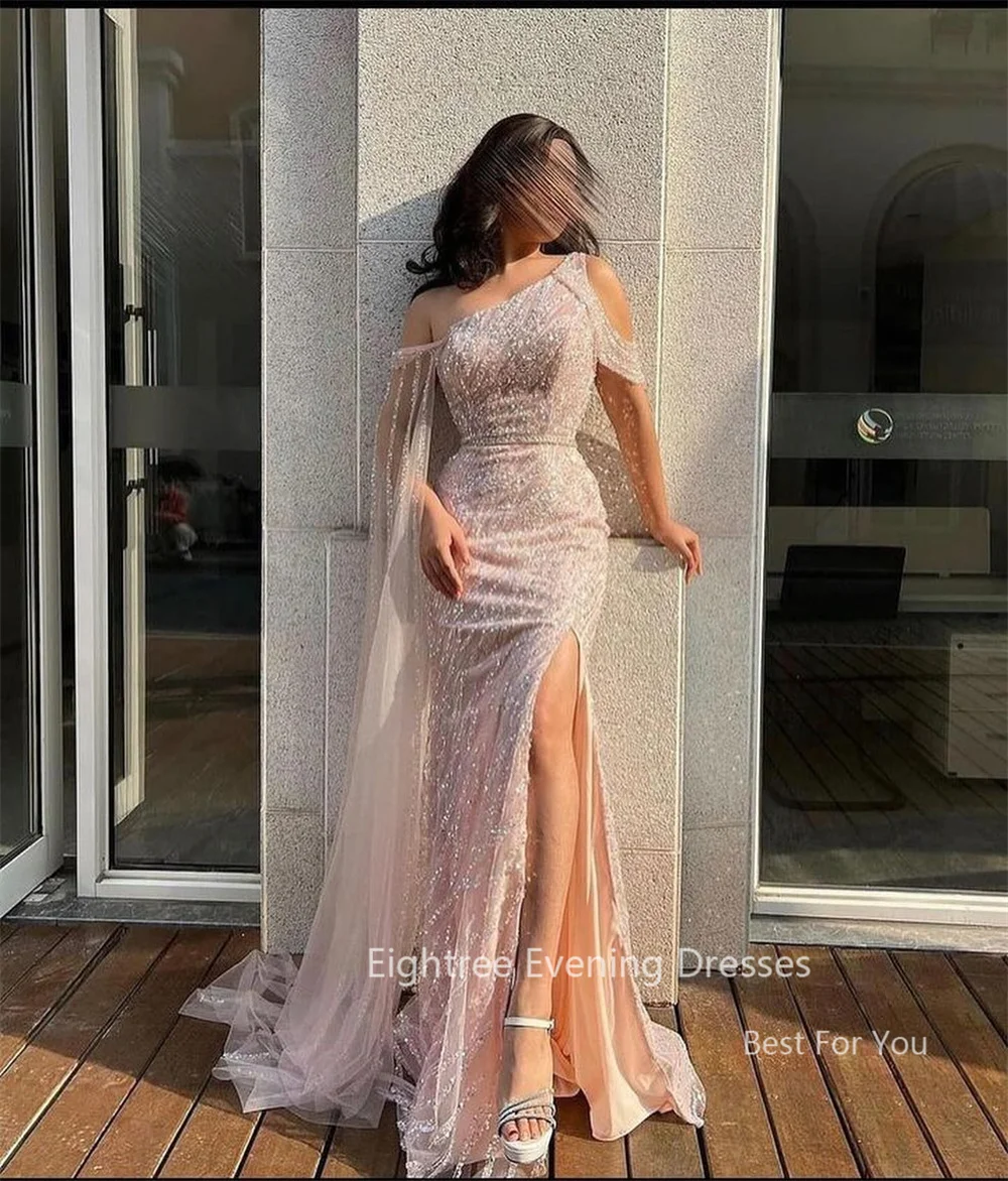 Eightree Sexy Pink Mermaid Evening Dress Shiny Sequined High Slit Party Dress One Shoulder Long Cape Formal Dress Customized