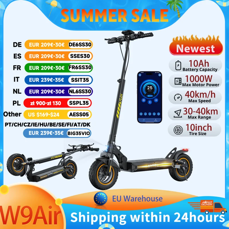 Trottinette électrique W9Air 1000W de puissance maximale, iScooter, pneus tout-terrain de 10 pouces, autonomie de 40 km, batterie 10Ah, vitesse de 40 km/h, pour adultes