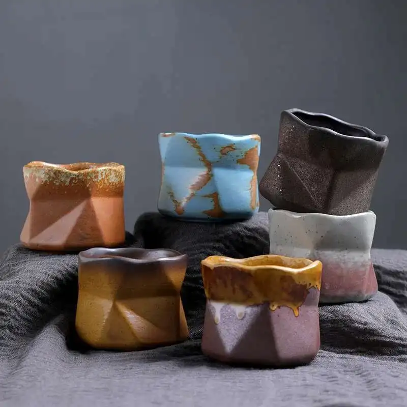 

Irregular Folded Ceramic Teacup Master Cup Ancient Cup Coarse Ceramic Espresso Cup Latte Cup