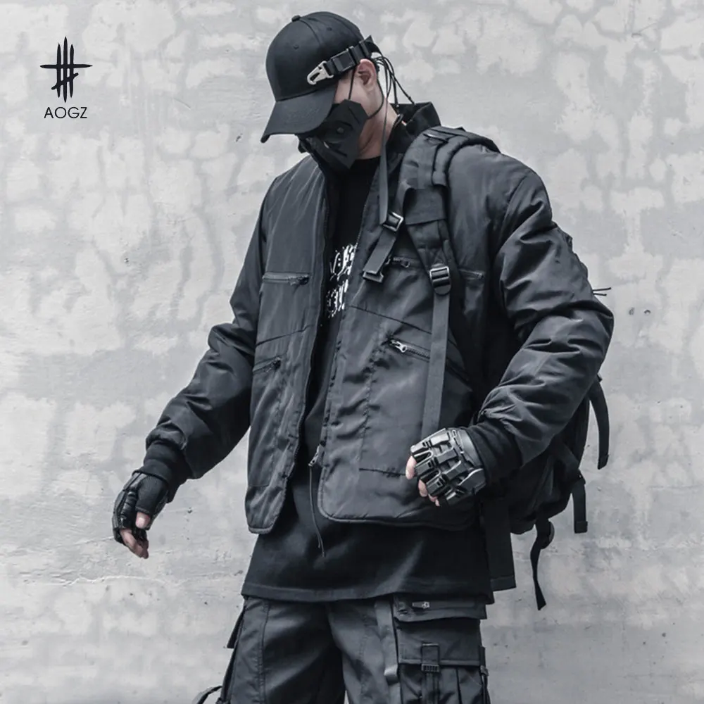 

Функциональное теплое ветрозащитное пальто AOGZ на молнии, хлопковая короткая бейсбольная куртка в стиле хип-хоп, мужская зимняя уличная одежда 2025 Techwear, черная