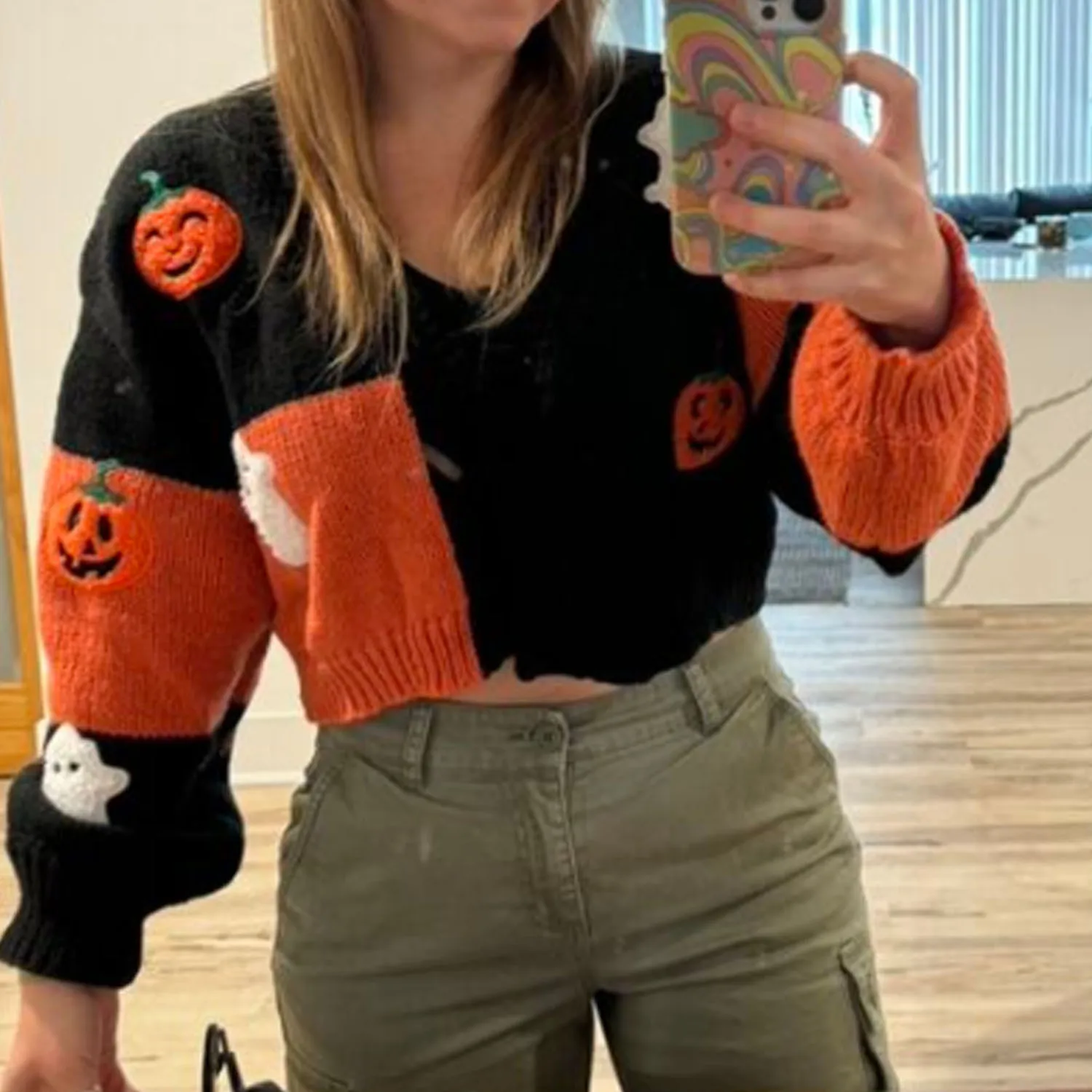 

2026 Halloween Women's Knitted Cardigan Early Autumn Drop Shoulder Long Sleeve Casual Pumpkin Cardigan Winter Warm Sweater