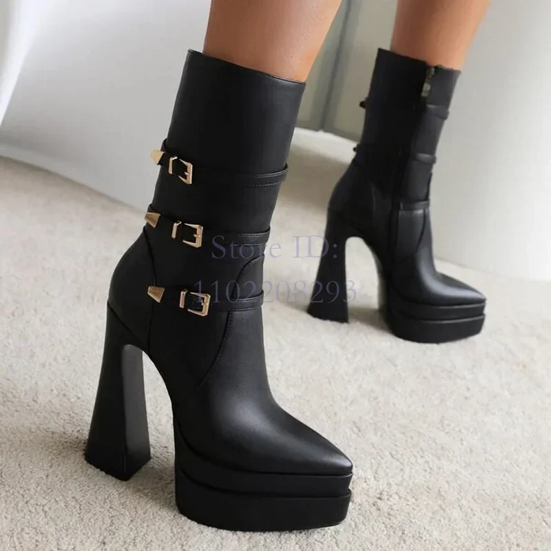 

Sexy Pointed Ankle Boots Metal Buckle Platform Square Heel Short Boots 2025 Autumn Women Side Zipper Modern Shoes British Style