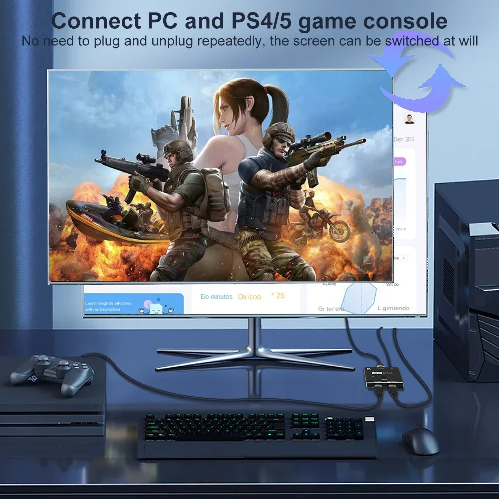 HDMI2.1 8K الجلاد 2 في 1 خارج 8K @ 60 هرتز 4K @ 120 هرتز HDMI التبديل 1080P محول الصوت والفيديو محول ل PS5 Xbox PC إلى TV العارض