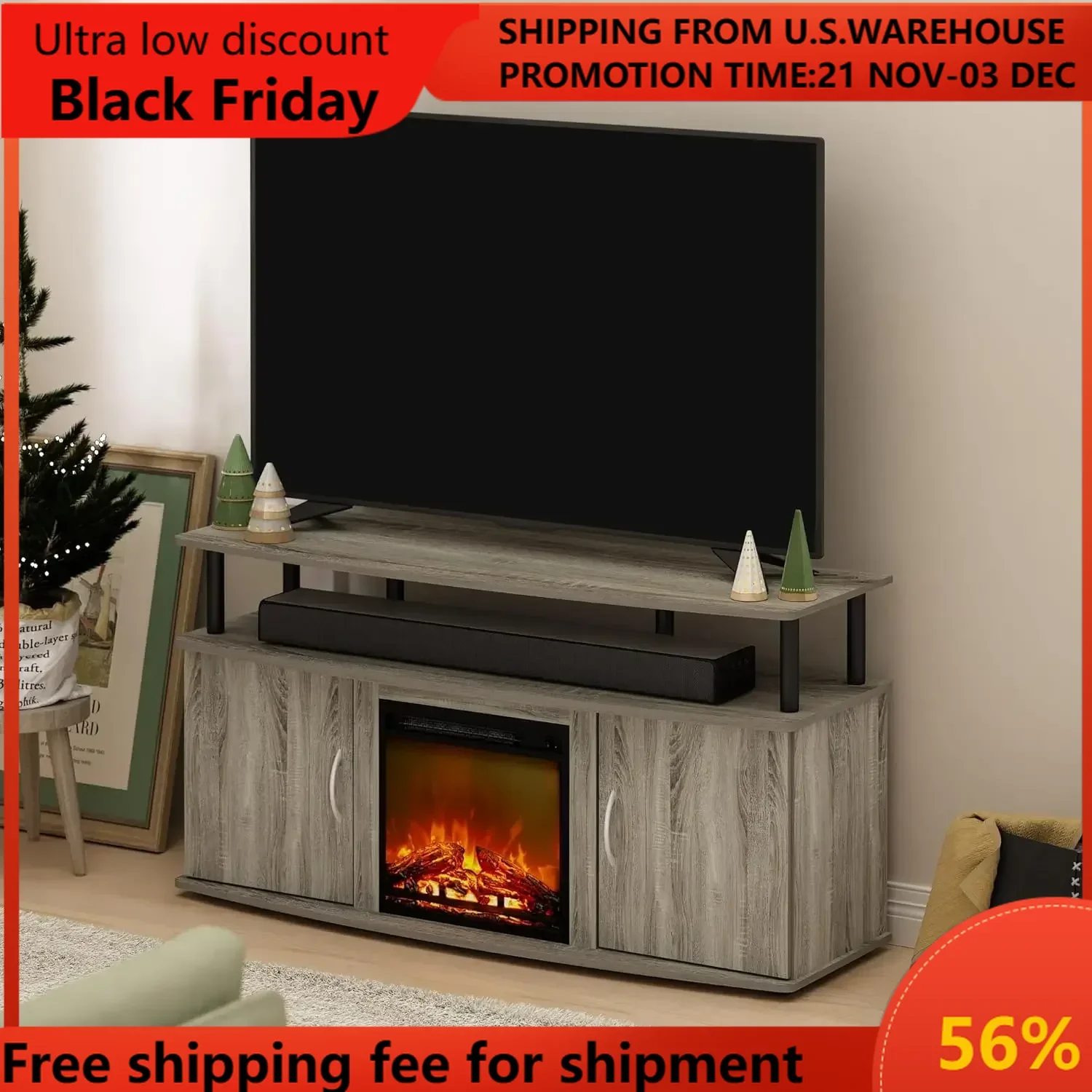 

Jensen Living Room Fireplace TV Entertainment Center with Doors Storage Cabinet for TV up to 55 Inch French Oak Grey/Black