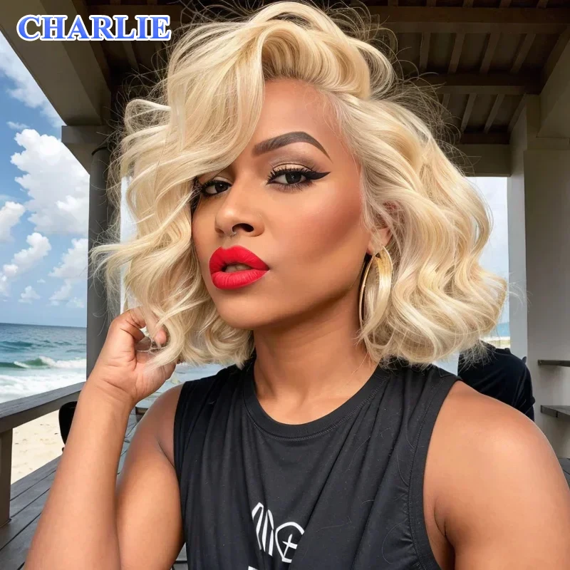 Pretty Diary 12inch Blonde Water Wavy 13x4 Glueless Preplucked Synthetic Wigs Ready To Go 613 Short Bob Wig Lace Closure Wigs