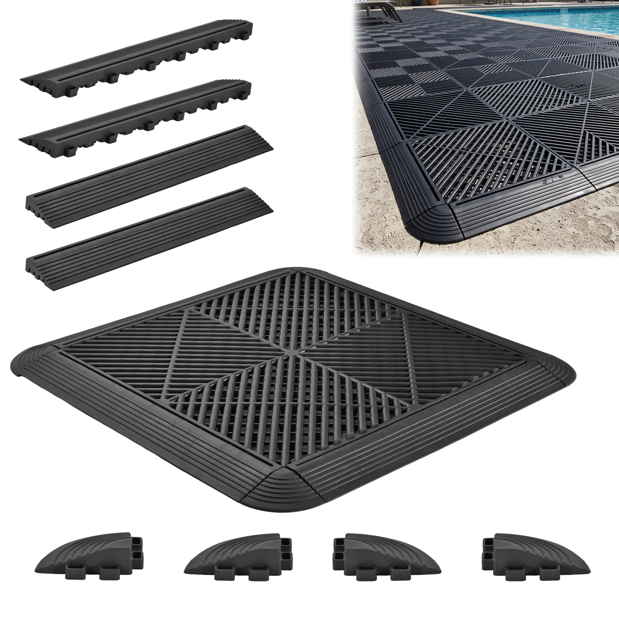 Interlocking Floor Tiles Edge Trim 26 Pack with 4 Corner Pieces, Snap-On Border Strip Finishing Edging for Garage Floor Tiles, Tool-Free PVC Border Kit for Workshop Gym Warehouse