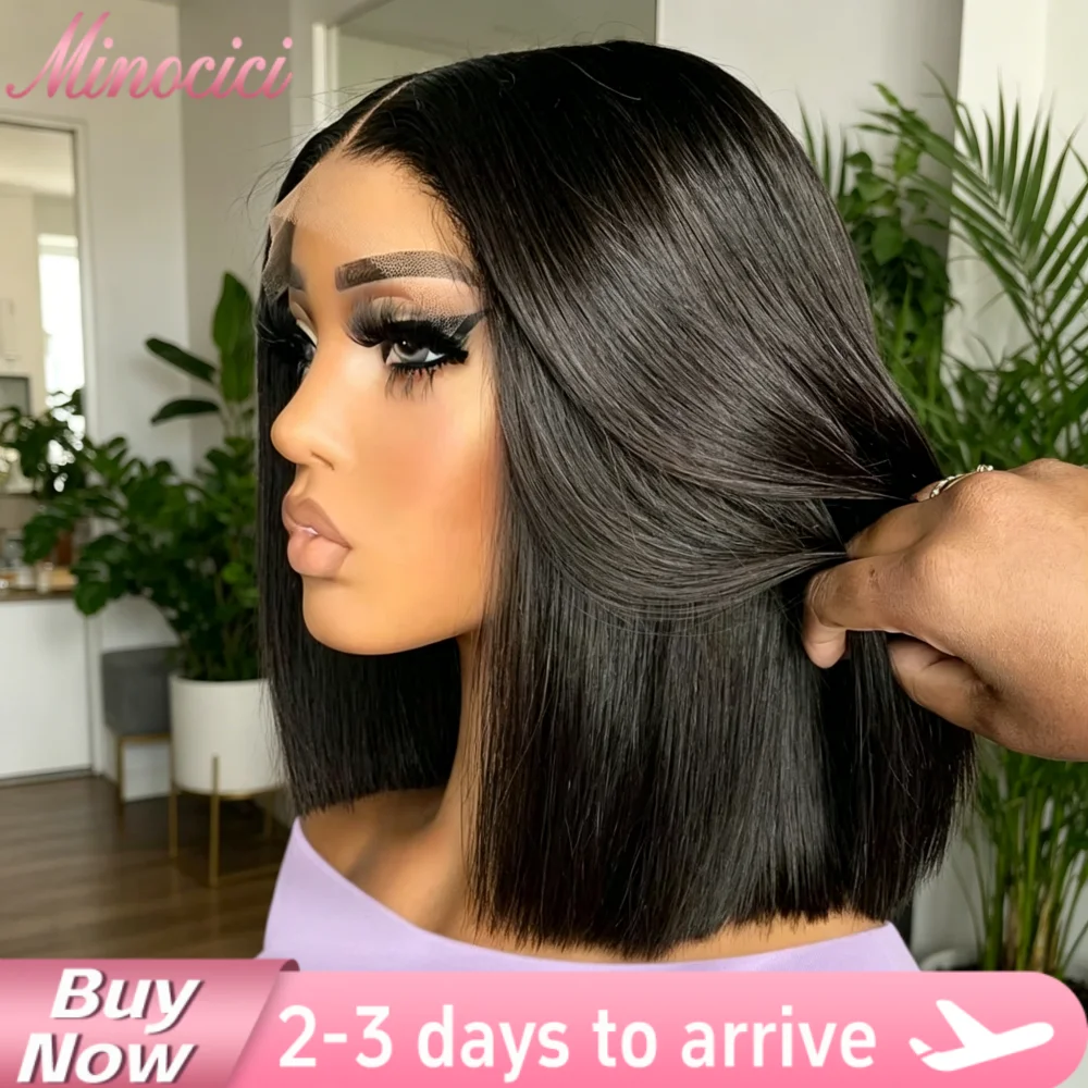 Perruque Bob Courte Ultra-Lisse 250% Densité, Lace Frontale 13x4 Pré-Pluckée, Noir Naturel, Cheveux Humains Brésiliens Remy, Perruque Sans Colle Lace Frontale 4x4, Prête à Porter, 16 Pouces