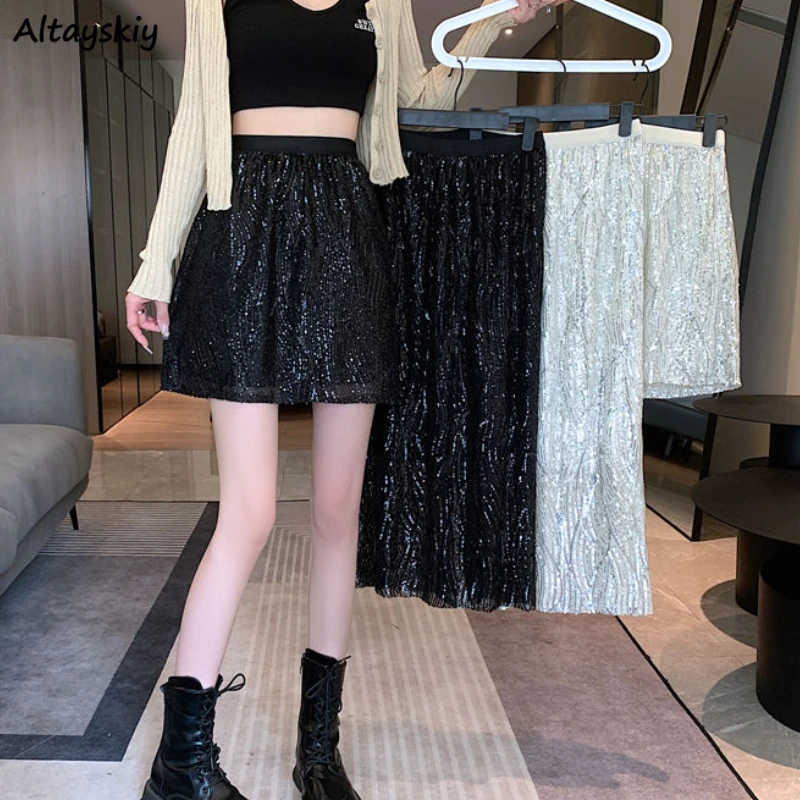 Blingbling Skirts Women Back-slit Elegant Sequins Design Fashion High Waist Fairycore Party Casual Famous Lady A-line Faldas Ins