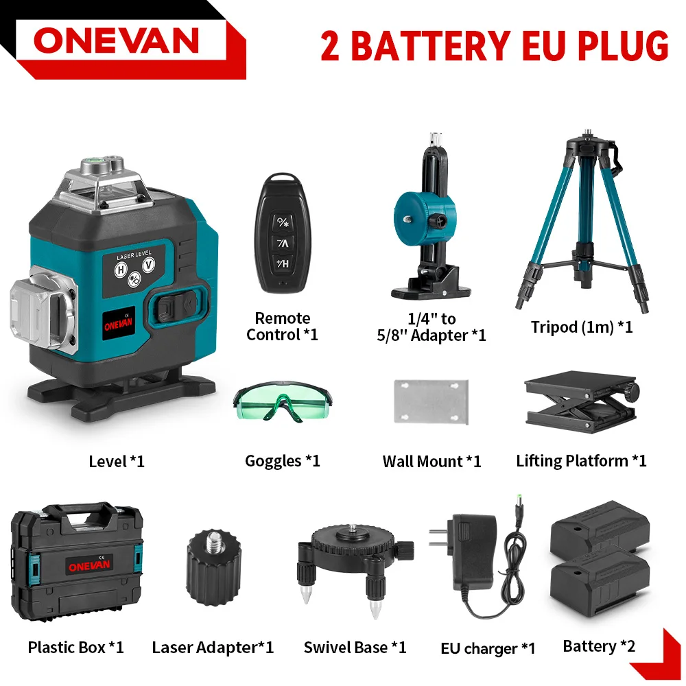 ONEVAN 4D 16 Linien 360 ° Grüner Linienlaser Vertikal & Horizontal Selbstnivellierender Laser-Level mit Stativ und Akku Präzises Elektrowerkzeug