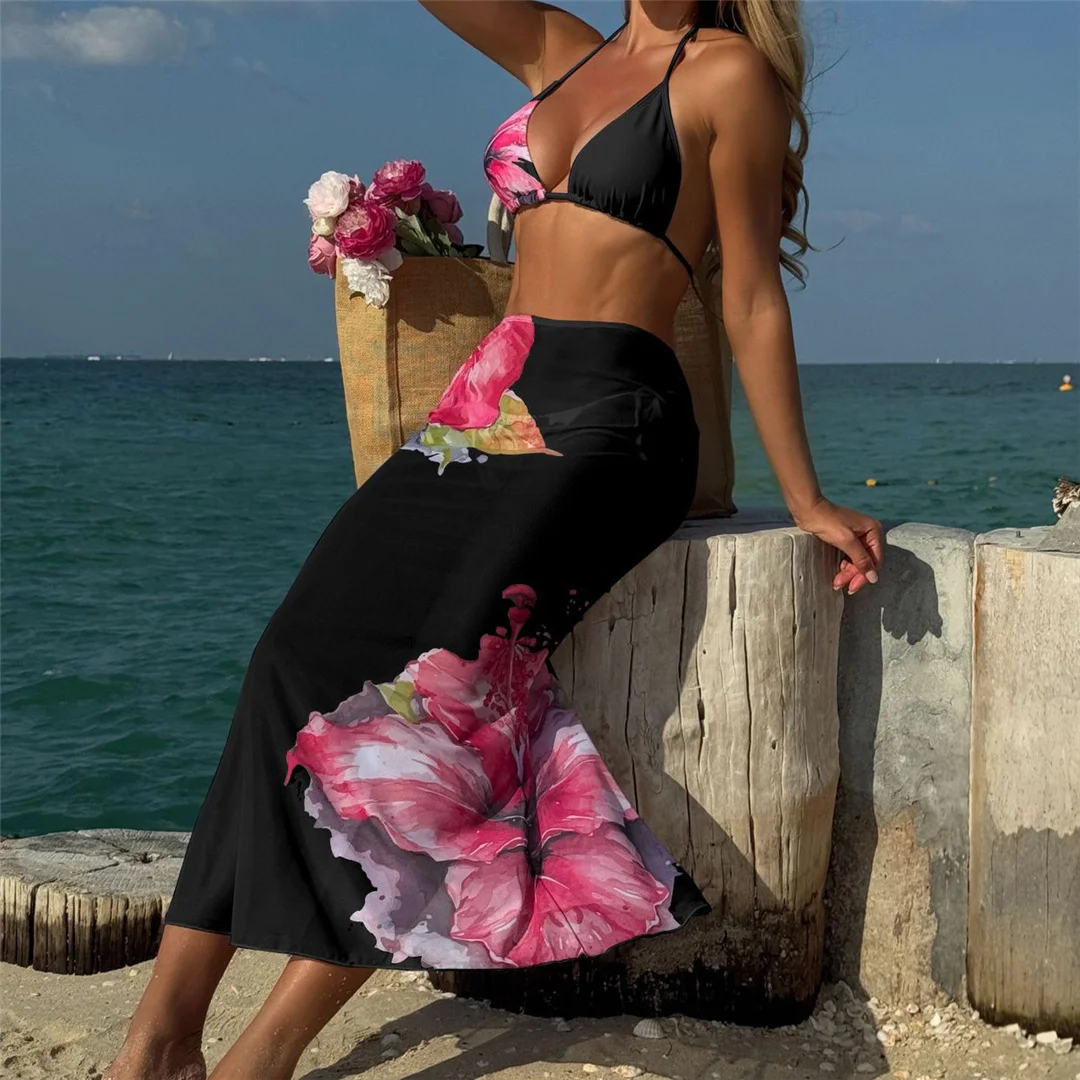 Blumenmuster mit Rock, Neckholder-Bikini, Damen-Badebekleidung, dreiteiliges Bikini-Set, Damen-Badeanzug, Badebekleidung, Badeanzug, Schwimmkleidung V6637 – Detail 26
