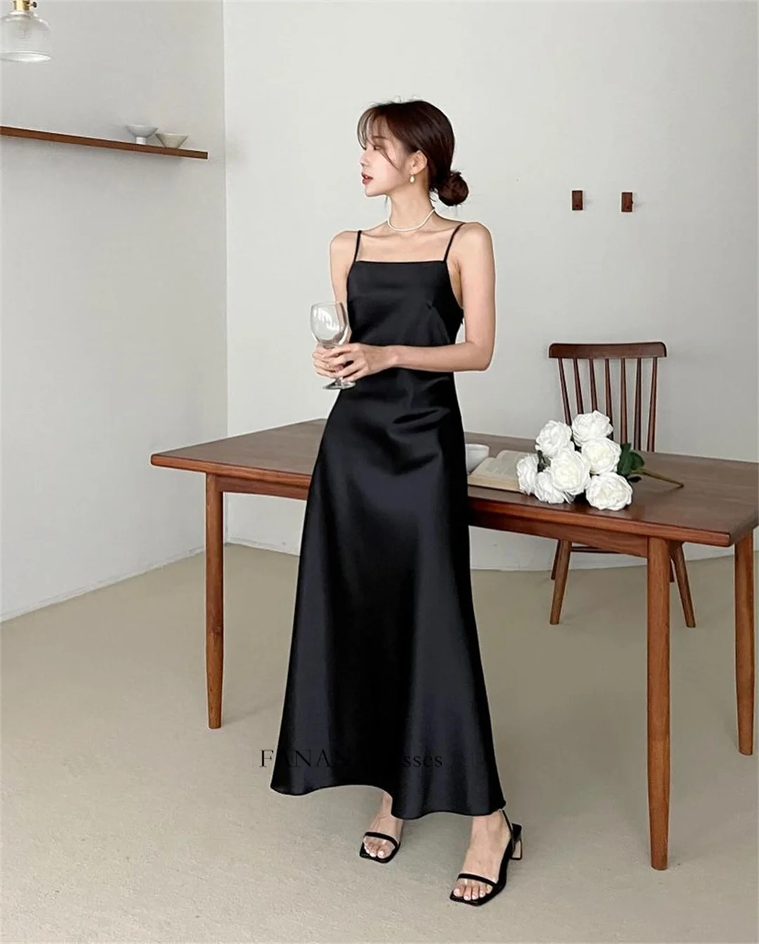 

FANAN Ankle Length Fashion Evening Party Dresses Korea Satin Spaghetti Straps Simple Wedding Women Formal Gowns Event Prom Gowns