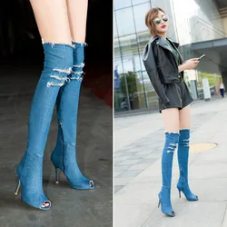 Botas Mujer New Denim High-heel Boot Spring Summer Thin Elastic Cool Boot Night Club Fish Mouth Knee Boots Large Women Boot