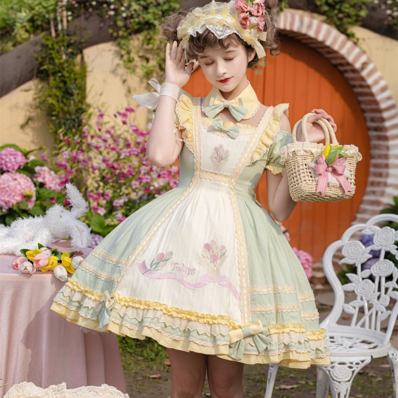 Japanese Kawaii Tulips Flower Lolita OP Dress Women Victorian Vintage Ruffle Bow Party Dresses Girl Sweet Elegant Princess Dress