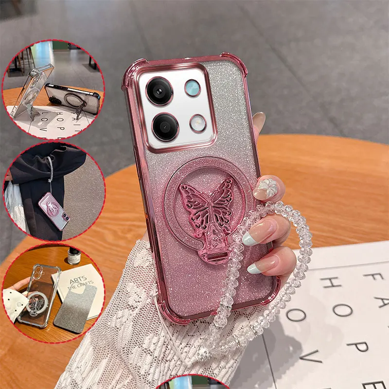 Stoßfeste Anti-Sturz-Handyhülle für Xiaomi Redmi Note 13 Pro Plus, luxuriöser Glitzer-Schmetterlingsständer mit Kristall-Lanyard-Rückseite.