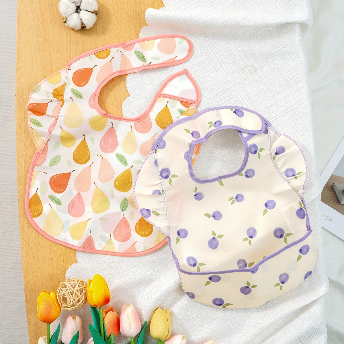 

Happyflute 1Pc Baby Waterproof Bib Apron Sleeveless Polyester Smock Ruffle Pocket Reusable Washable Toddler Feeding Cover Velcro