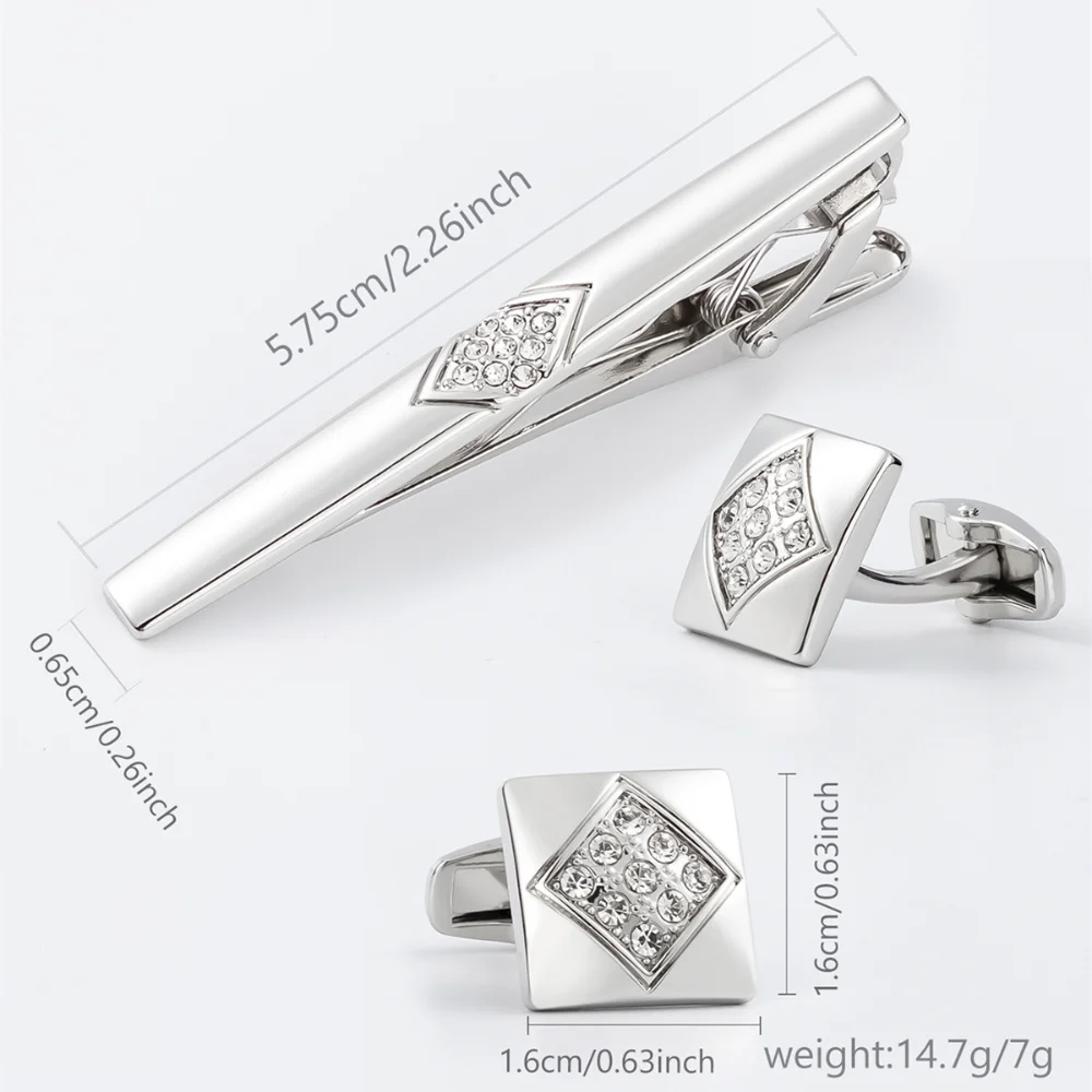 Gold Plated Rhombus Full Crystal Tie Clip & Cufflinks Set Men Luxury Wedding Formal Accessories