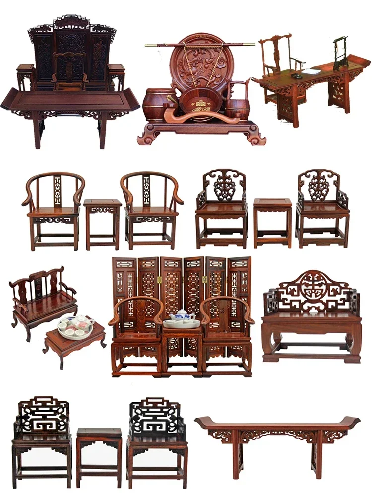 Classical Doll House Miniature Wood Table Chair Screen Furniture Model Mini Bed Recliner Desk Bogue Rack Dollhouse Accessories