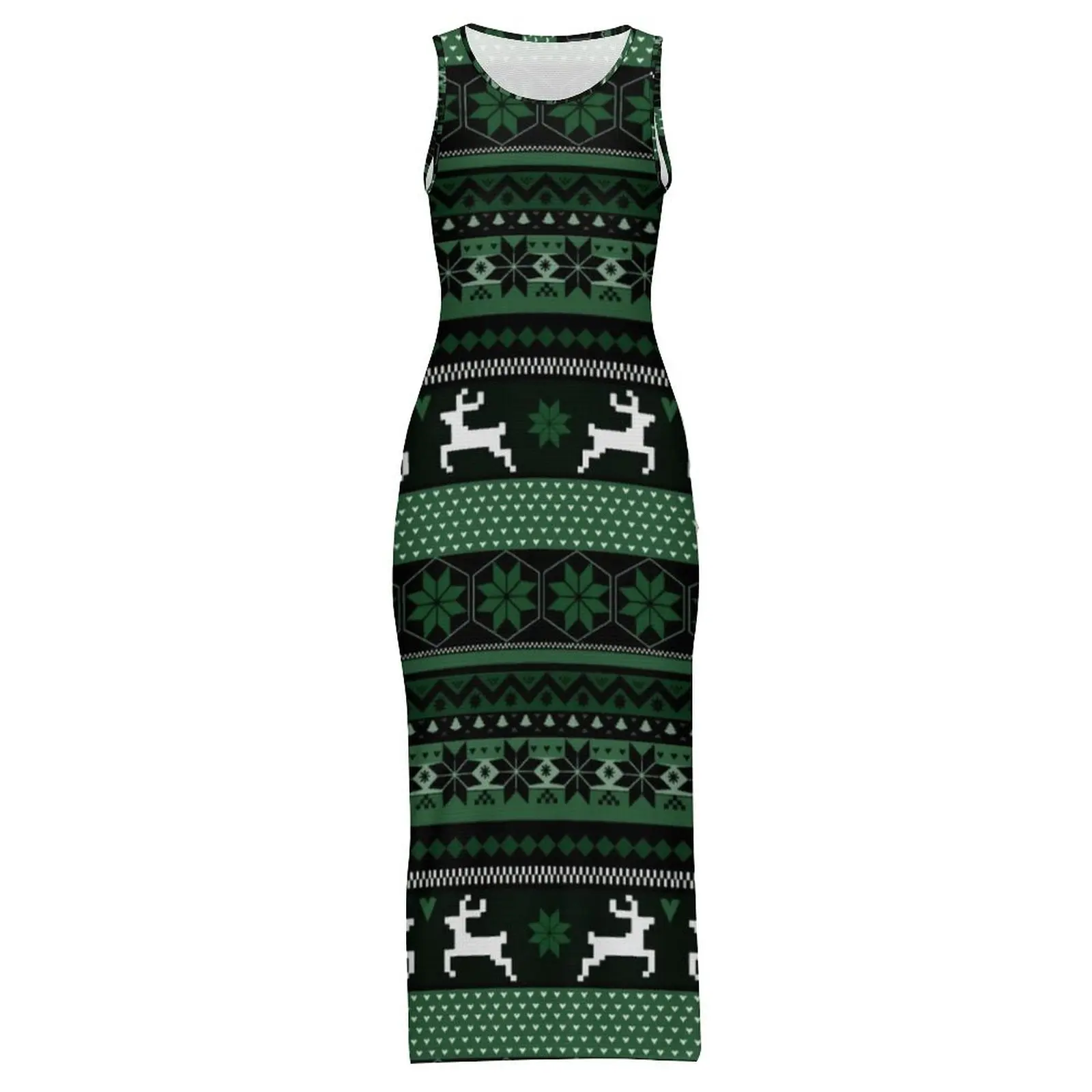 ผู้หญิงชุดเข้ารูปชุดลําลองนอร์ดิกคริสต์มาสพิมพ์ชุด Maxi วันหยุดสีเขียว Fair Isle แขนกุด Y2K แฟชั่นชุดขนาดใหญ่