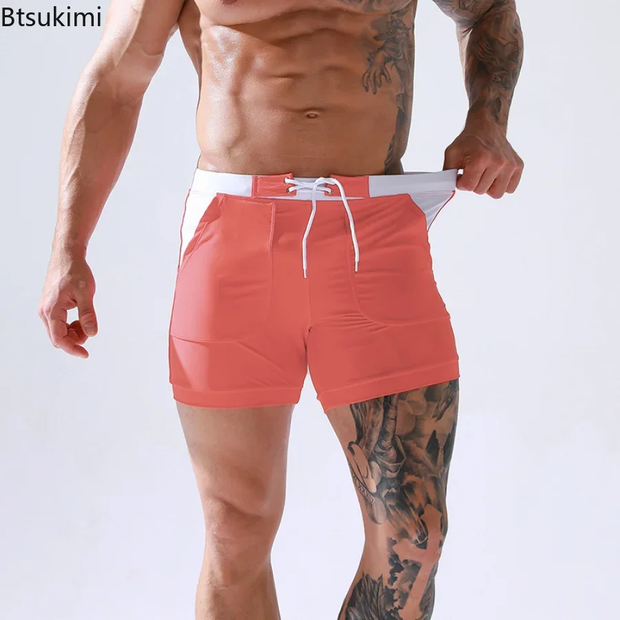 Men\'s Summer Swimwear Shorts Quick Dry Swimming Trunks Surf Board Solid Shorts Boxer Briefs Swimsuit Beach Sun Bathing Shorts